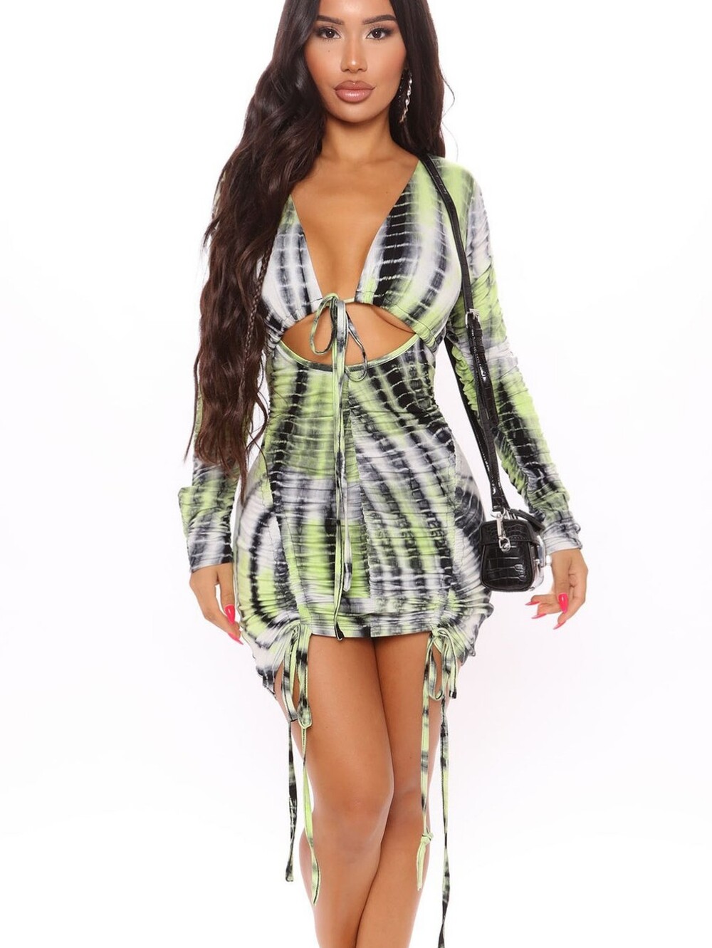 Fashion Nova Lime Green Tie-Dye Ruched V-Neck Bodycon Dress